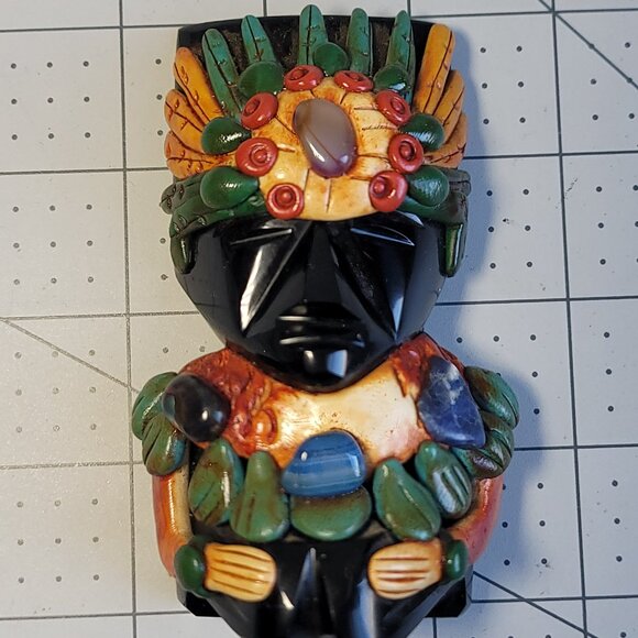 Carved Black Onyx Mexican Aztec Tribal Figurine Applied Decoration And Stones 4" - Picture 6 of 6